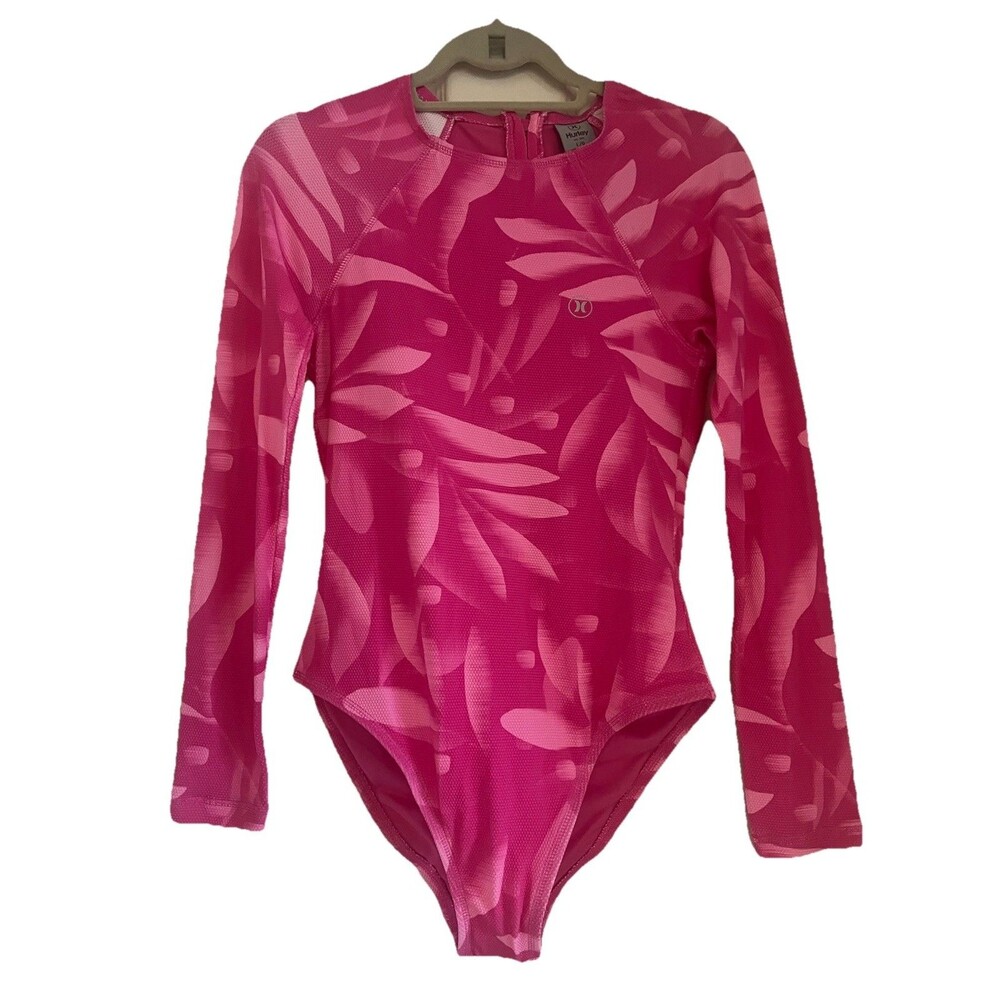 Hurley Women's One PC Swimsuit Sz L NWOT Pink  Leaf UPF 50+ Rash Guard Surf NWOT